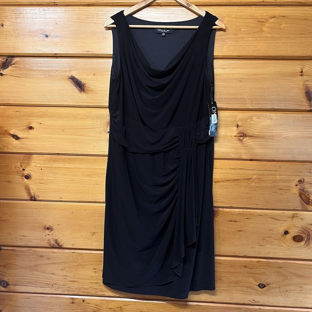 $89 NWT Onyx Nite Sz 16W Black Cocktail Dress Plus Black Draped Neck Sleeveless
